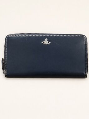 Vivienne Westwood Dark Navy Quilted Leather Zippy Wallet Silver Orb